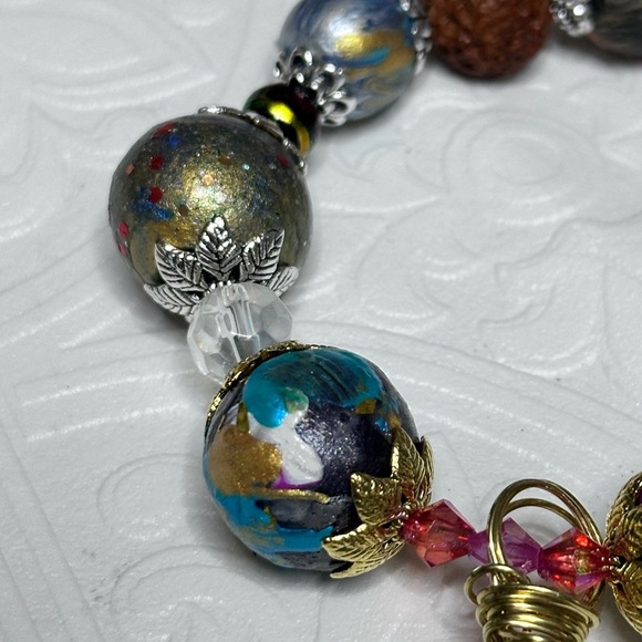 Artisan Blue and Gold Bracelet with Intricate Beadwork Hand Painted OOAK 0778 G - Picture 8 of 8